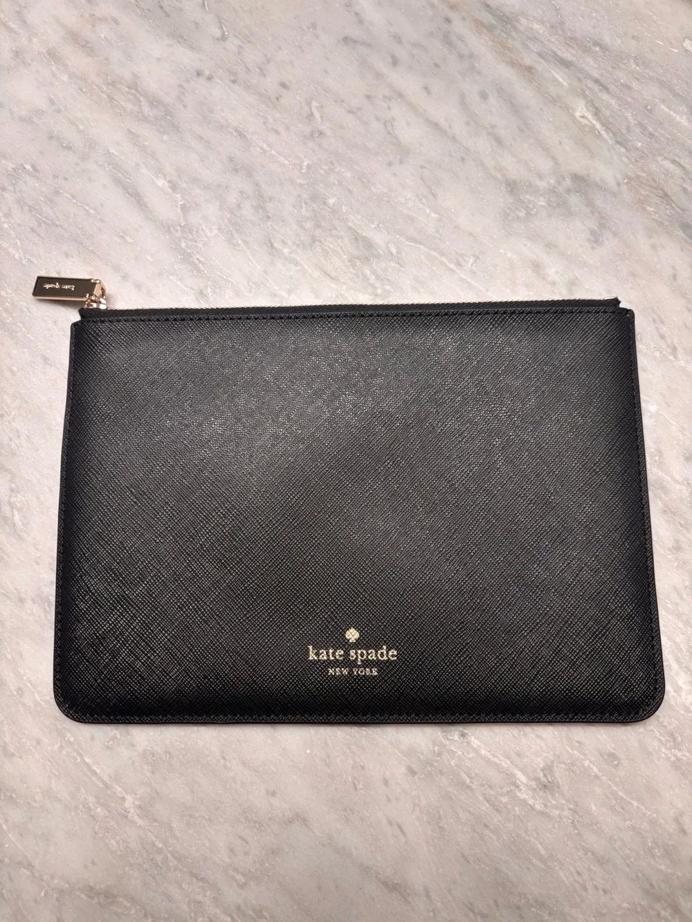 kate spade Black Saffiano Leather Toiletry Pouch with Gold Accents